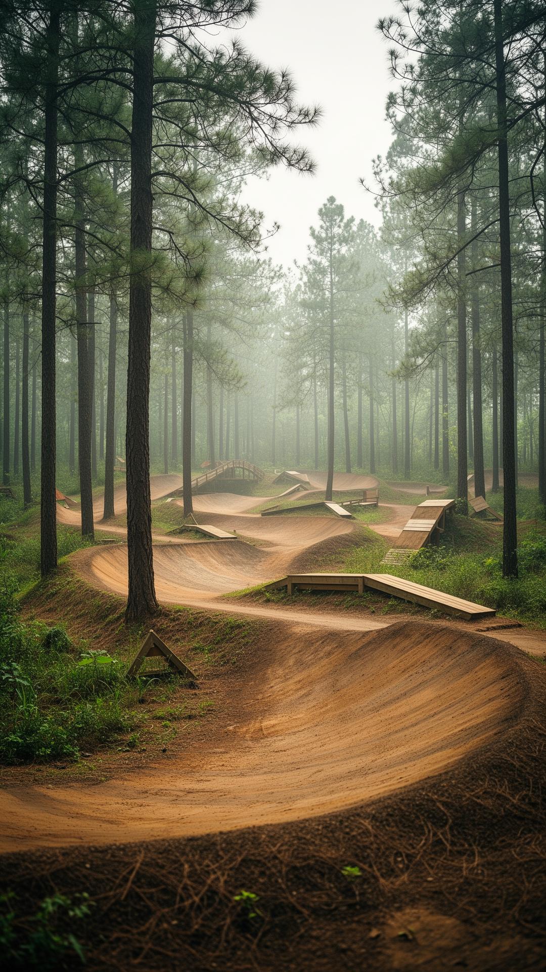 Flow trail w mglistym lesie