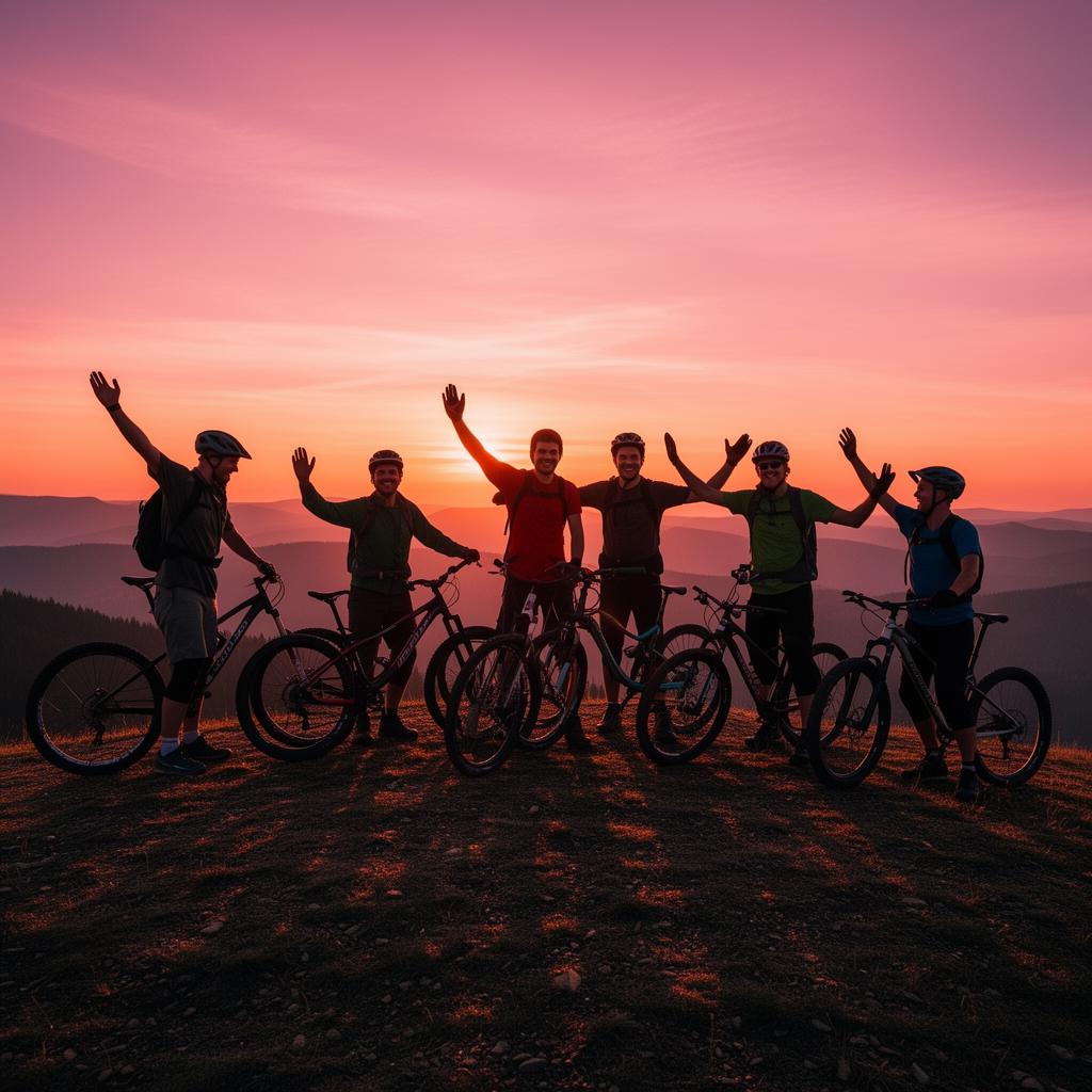 Grupa riderów o zachodzie słońca